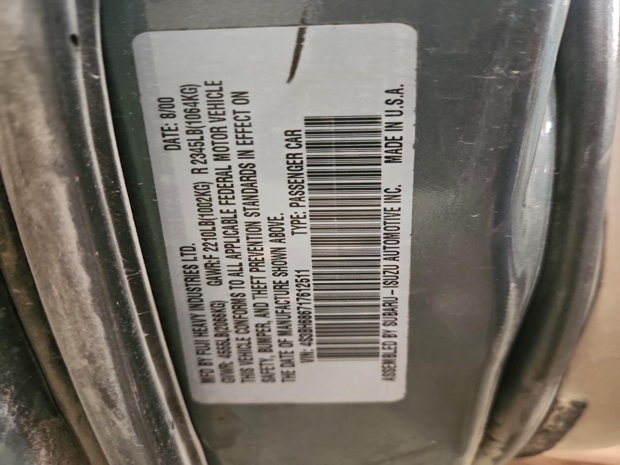 2001 Subaru Legacy Outback Limited VIN: 4S3BH686717612511 Lot: 95506465