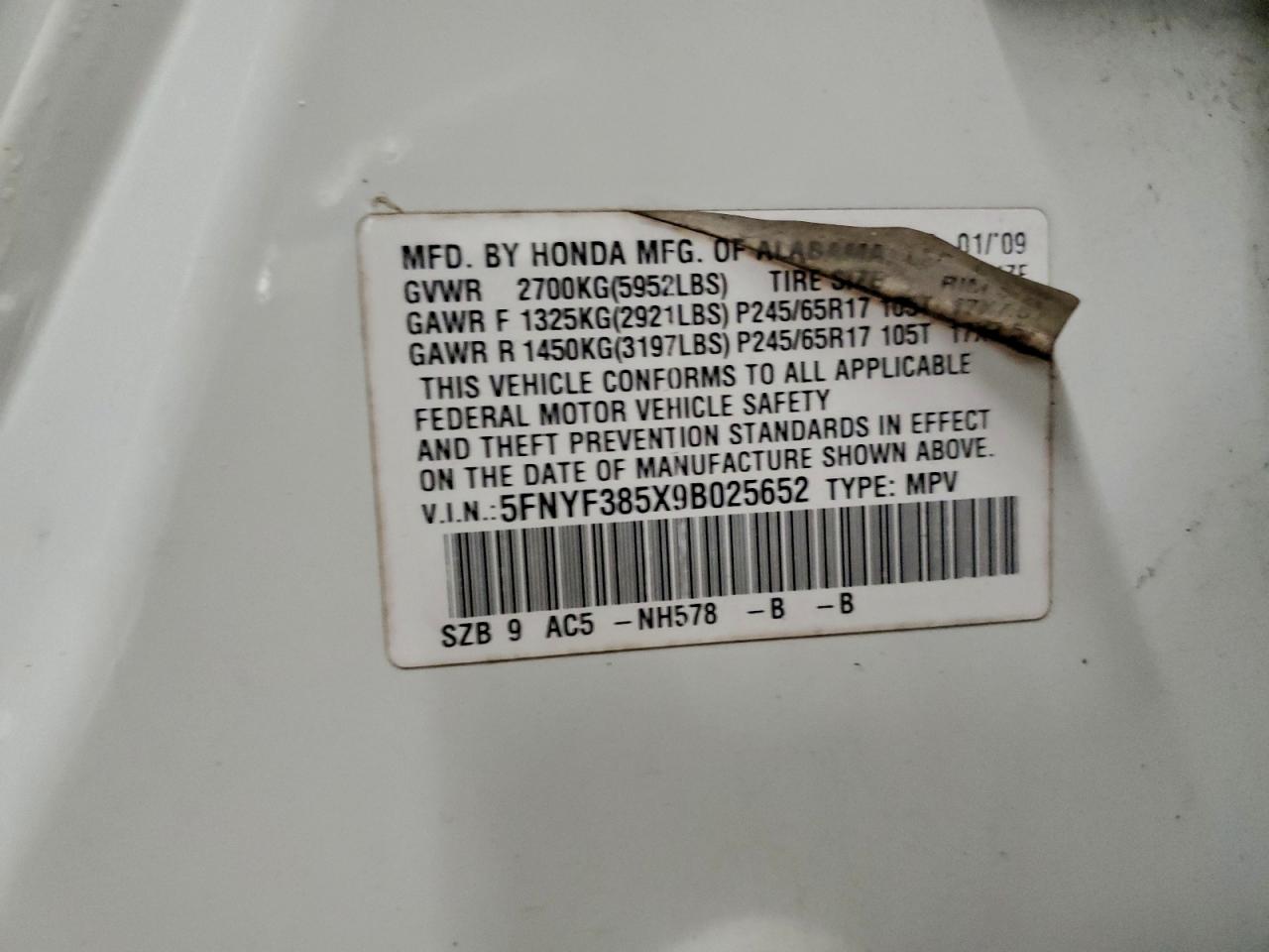 2009 Honda Pilot Exl VIN: 5FNYF385X9B025652 Lot: 94316135