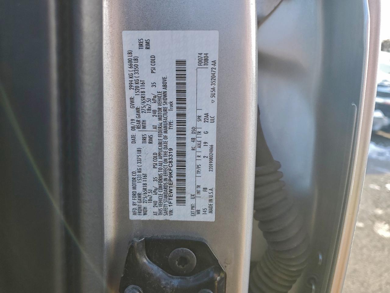 2019 Ford F150 Supercrew VIN: 1FTEW1EP9KFC83319 Lot: 95435655