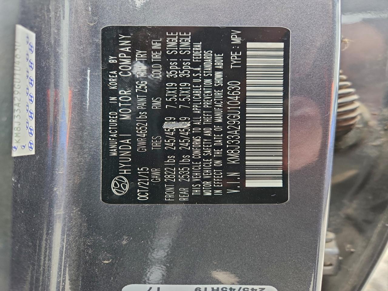 2016 Hyundai Tucson Limited VIN: KM8J33A29GU104630 Lot: 95846305