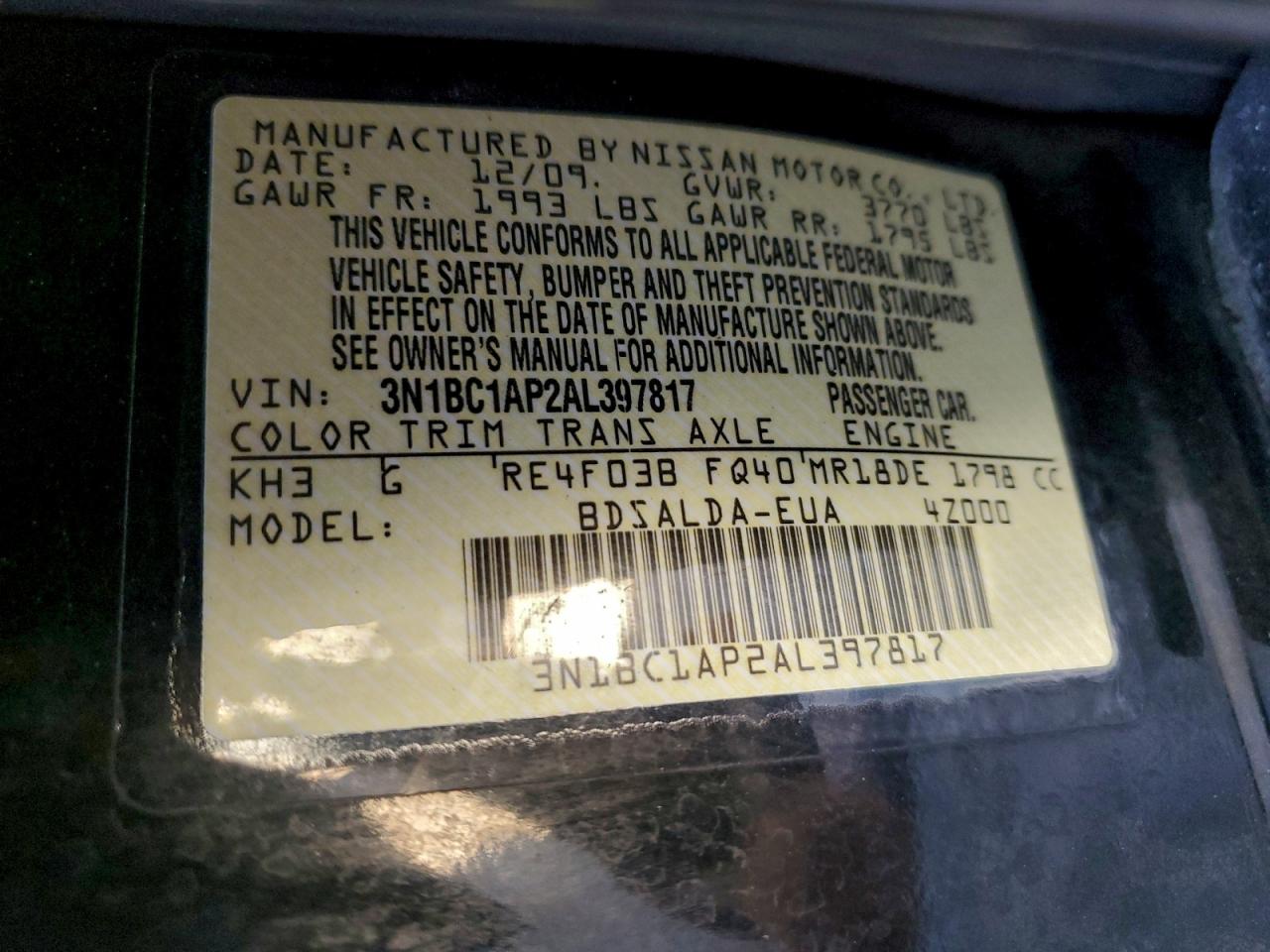 2010 Nissan Versa S VIN: 3N1BC1AP2AL397817 Lot: 94521345