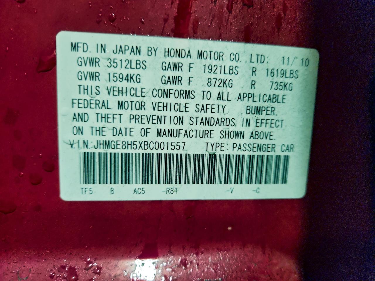 2011 Honda Fit Sport VIN: JHMGE8H5XBC001557 Lot: 94670055