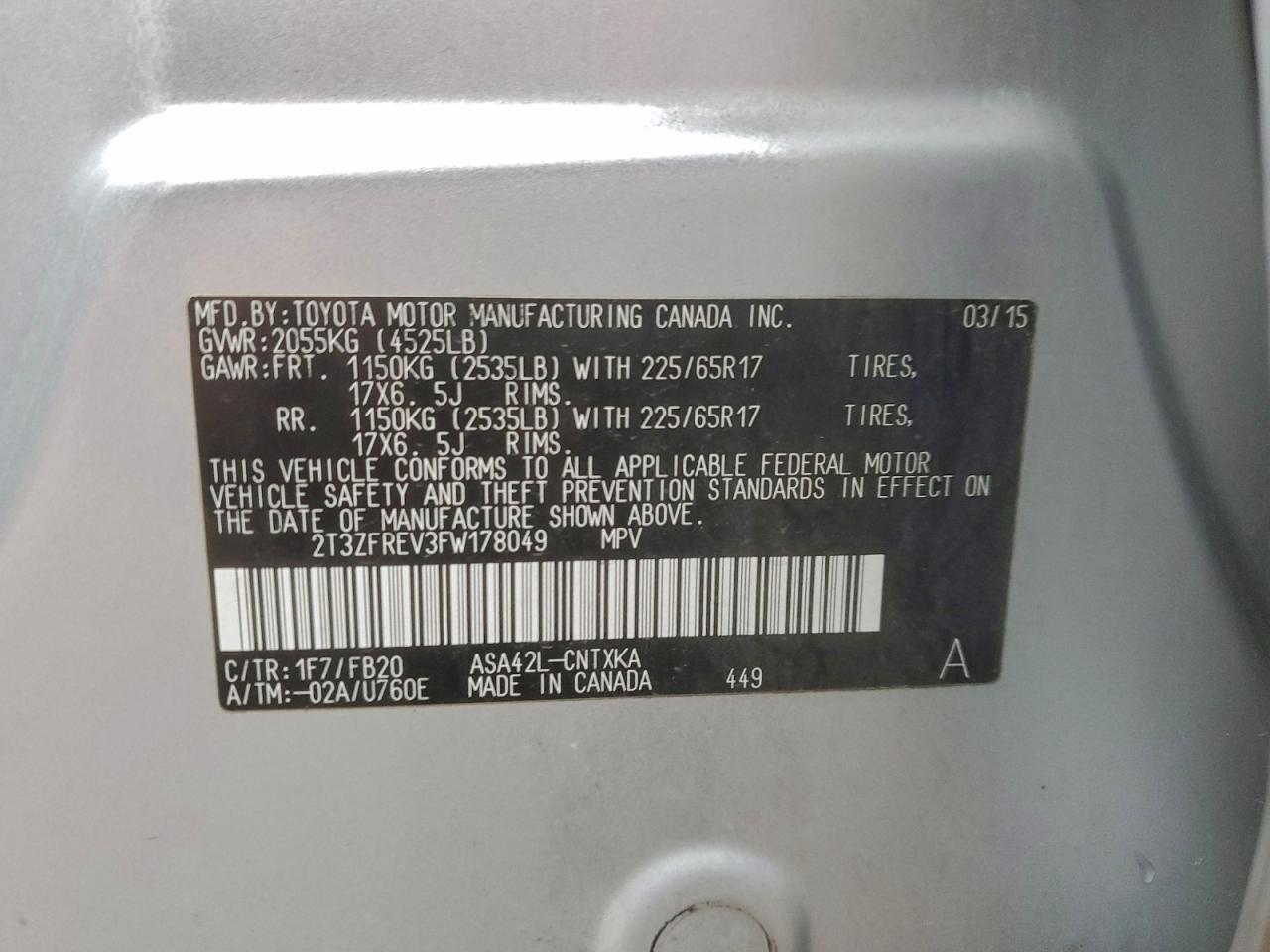 2015 Toyota Rav4 Le VIN: 2T3ZFREV3FW178049 Lot: 94333655