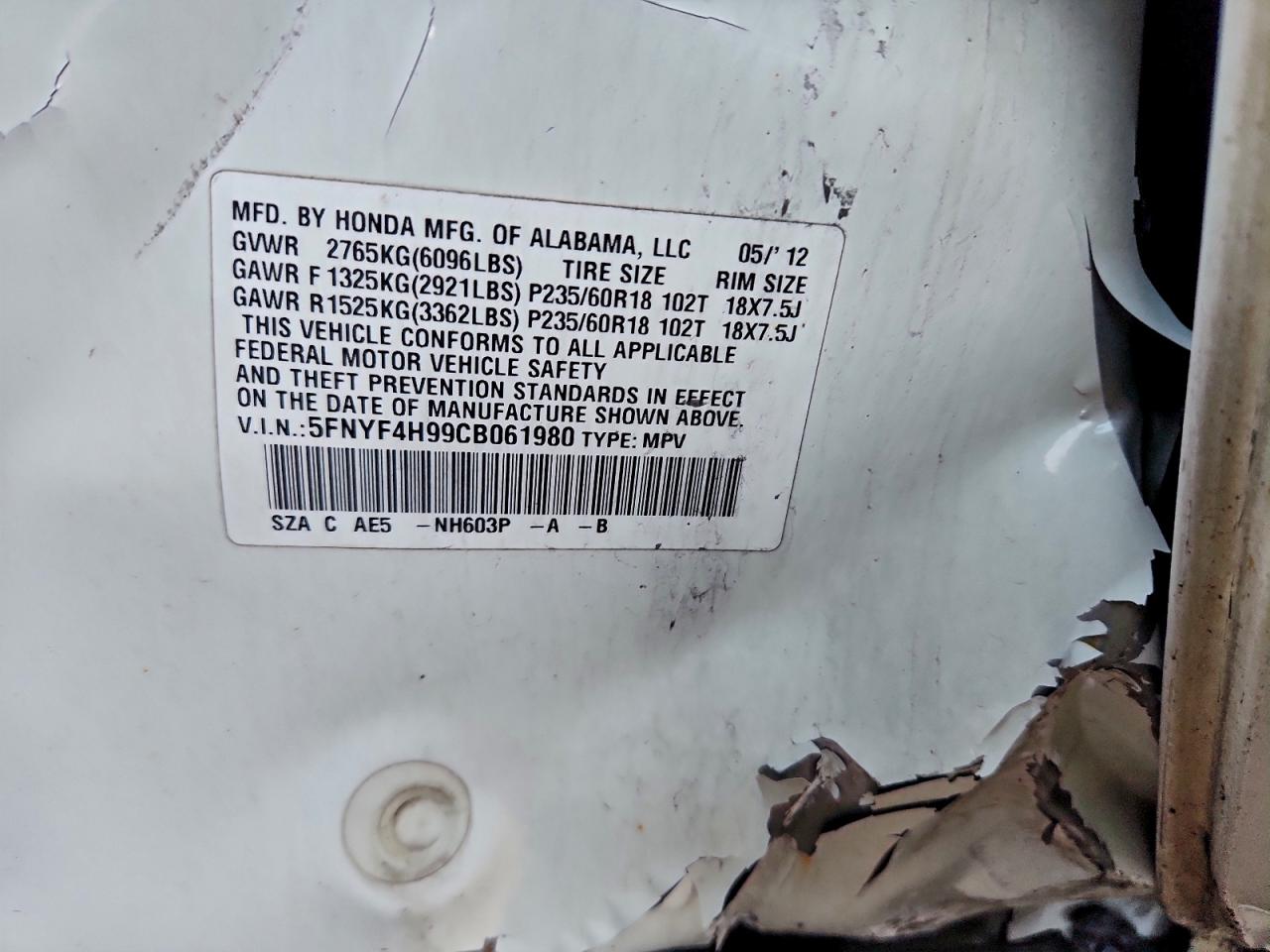 2012 Honda Pilot Touring VIN: 5FNYF4H99CB061980 Lot: 95482885