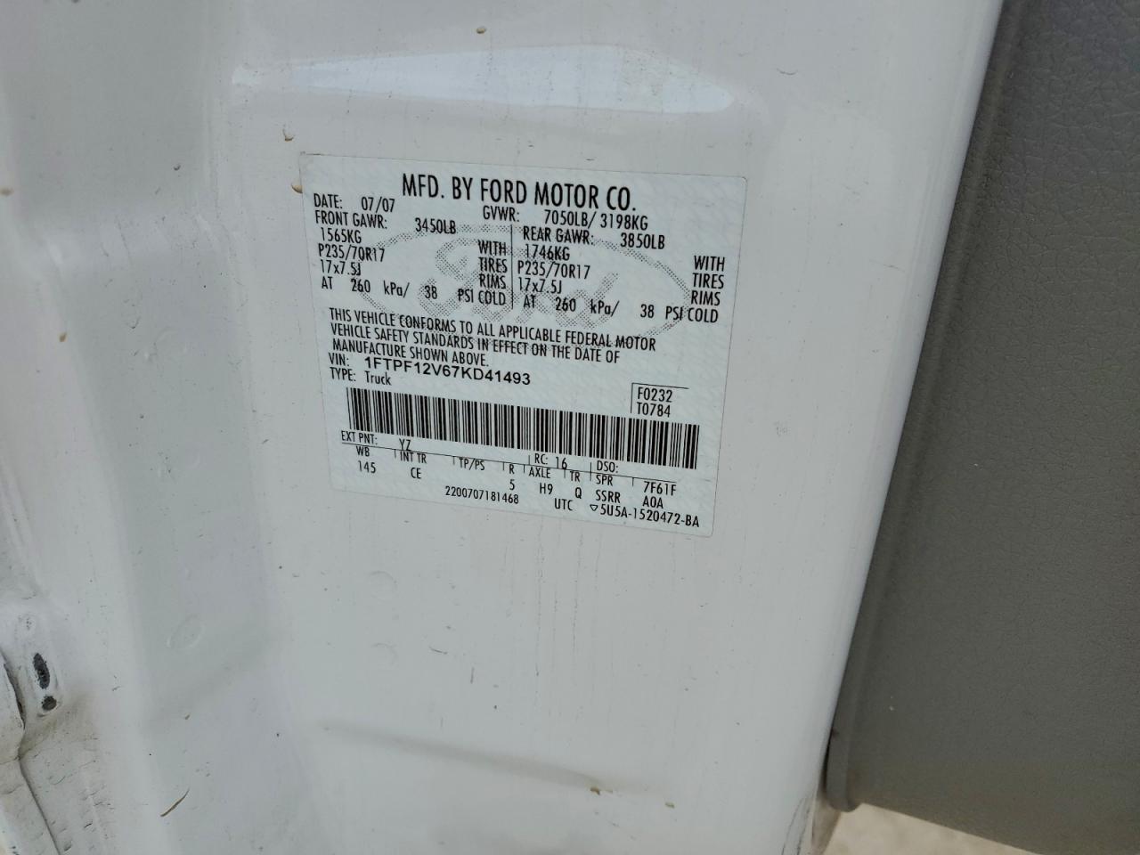 2007 Ford F150 VIN: 1FTPF12V67KD41493 Lot: 95304815