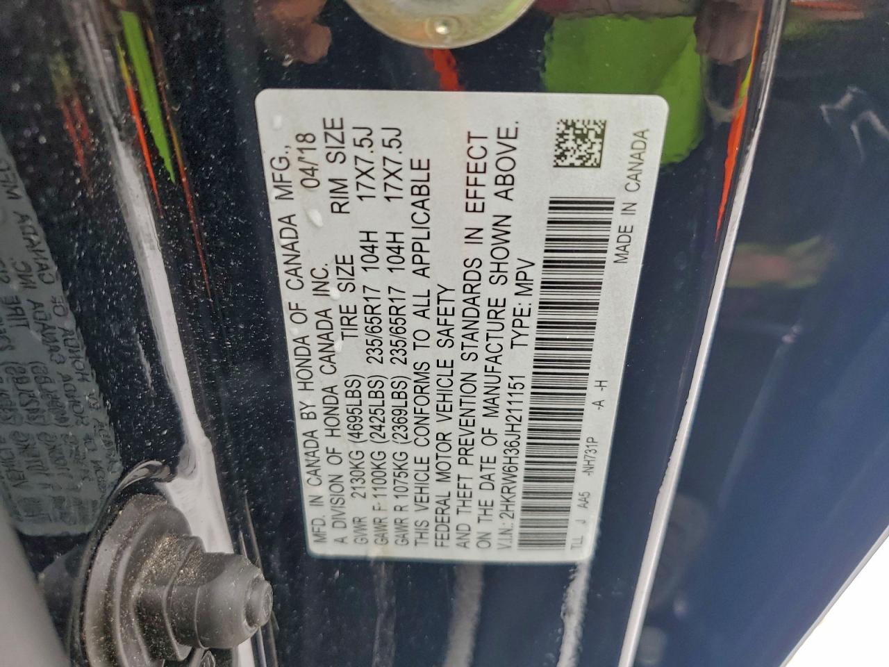 2018 Honda Cr-V Lx VIN: 2HKRW6H36JH211151 Lot: 95272225