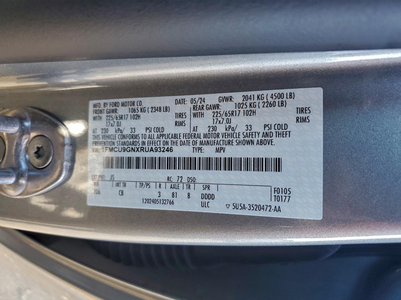 2024 Ford Escape Active VIN: 1FMCU9GNXRUA93246 Lot: 94701505