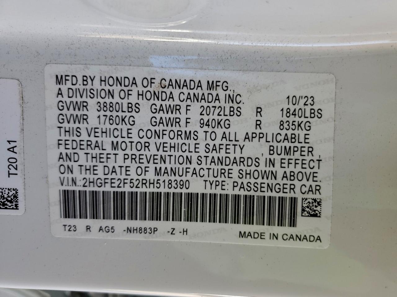 2024 Honda Civic Sport VIN: 2HGFE2F52RH518390 Lot: 94973005