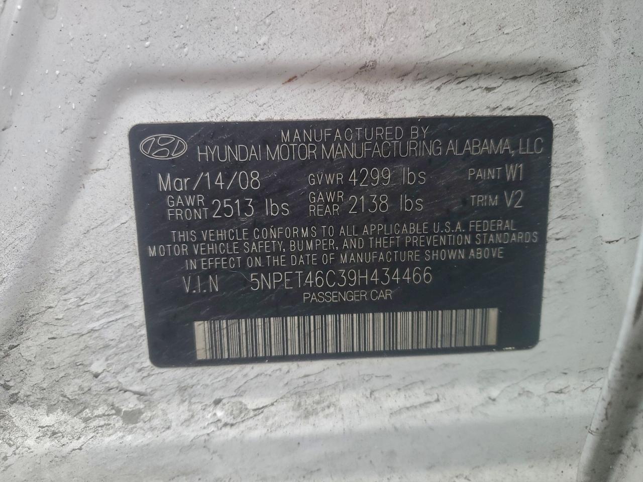 2009 Hyundai Sonata Gls VIN: 5NPET46C39H434466 Lot: 96198365