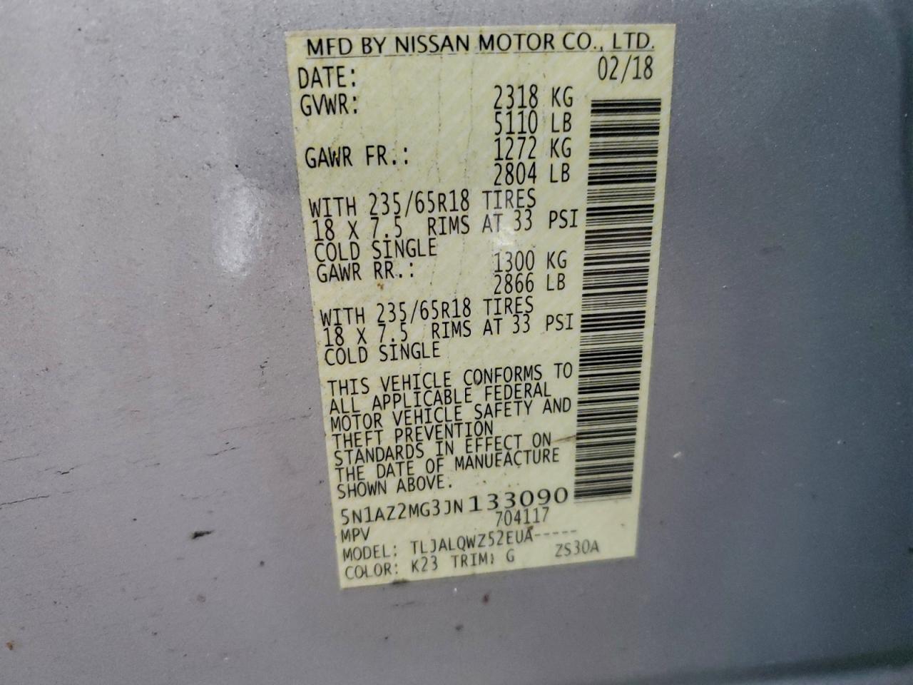 2018 Nissan Murano S VIN: 5N1AZ2MG3JN133090 Lot: 92277175