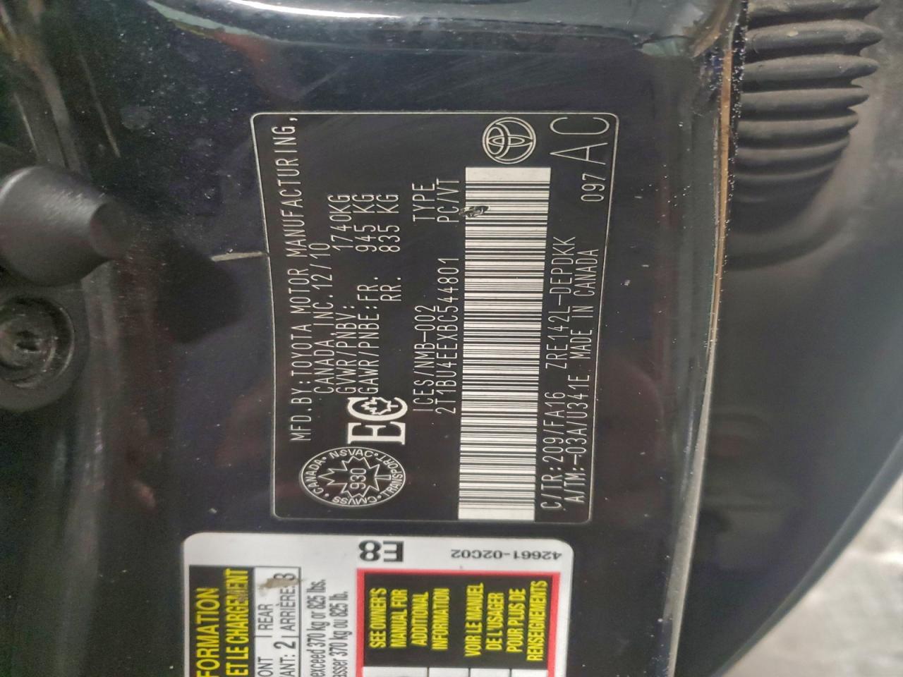 2011 Toyota Corolla Base VIN: 2T1BU4EEXBC544801 Lot: 95735095