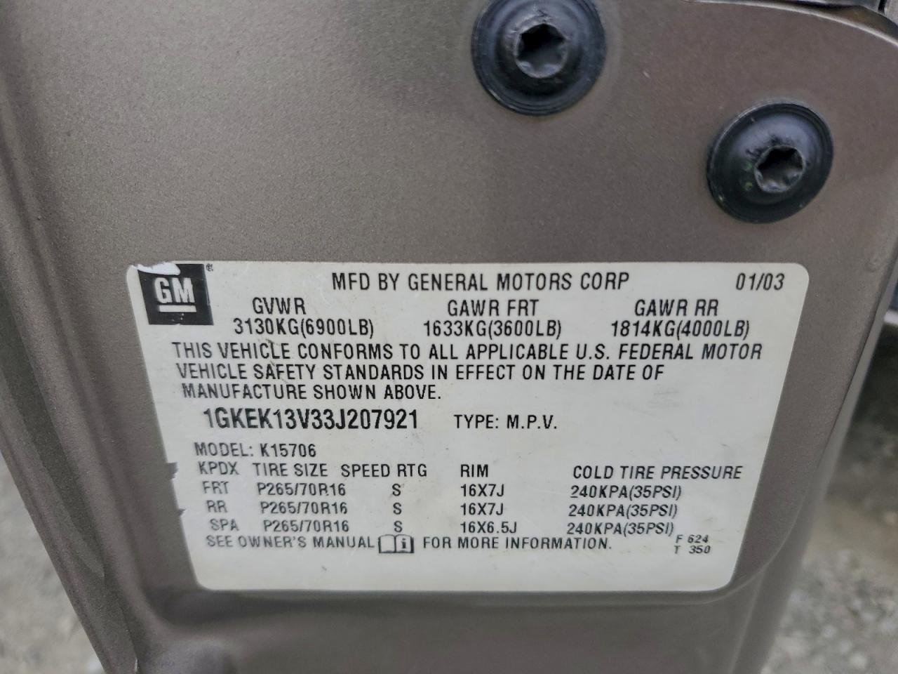 2003 GMC Yukon VIN: 1GKEK13V33J207921 Lot: 96919865