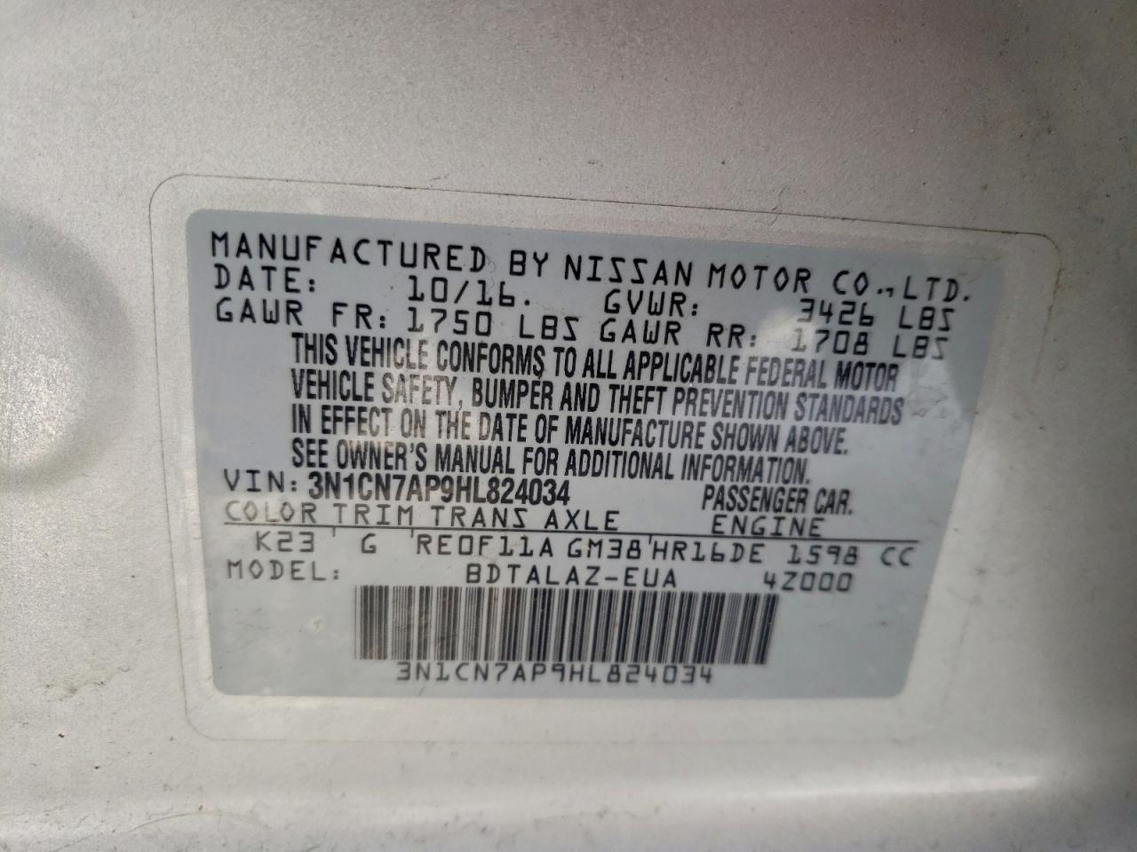 2017 Nissan Versa S VIN: 3N1CN7AP9HL824034 Lot: 95829835