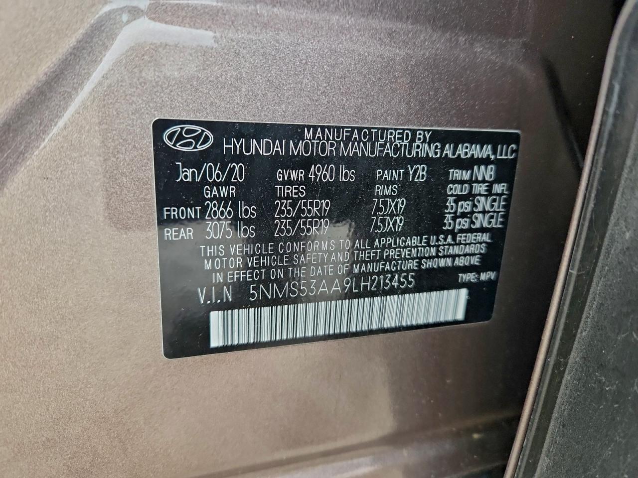 2020 Hyundai Santa Fe Limited VIN: 5NMS53AA9LH213455 Lot: 94571195