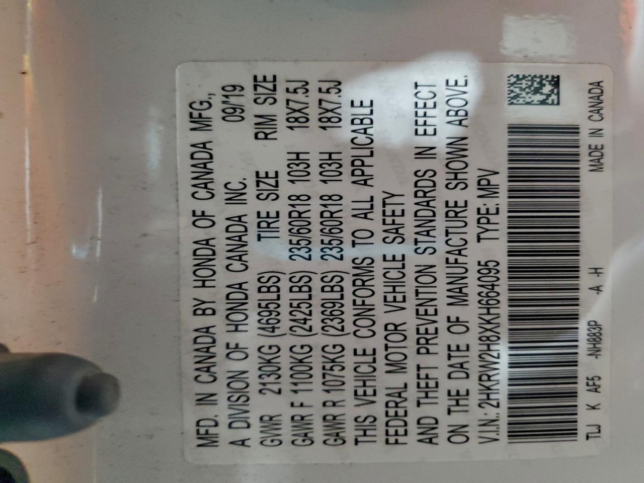 2019 Honda Cr-V Exl VIN: 2HKRW2H8XKH664095 Lot: 96340225