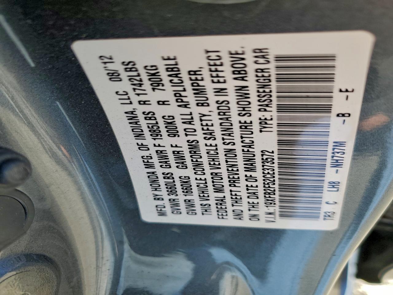 2012 Honda Civic Lx VIN: 19XFB2F52CE373572 Lot: 96723695