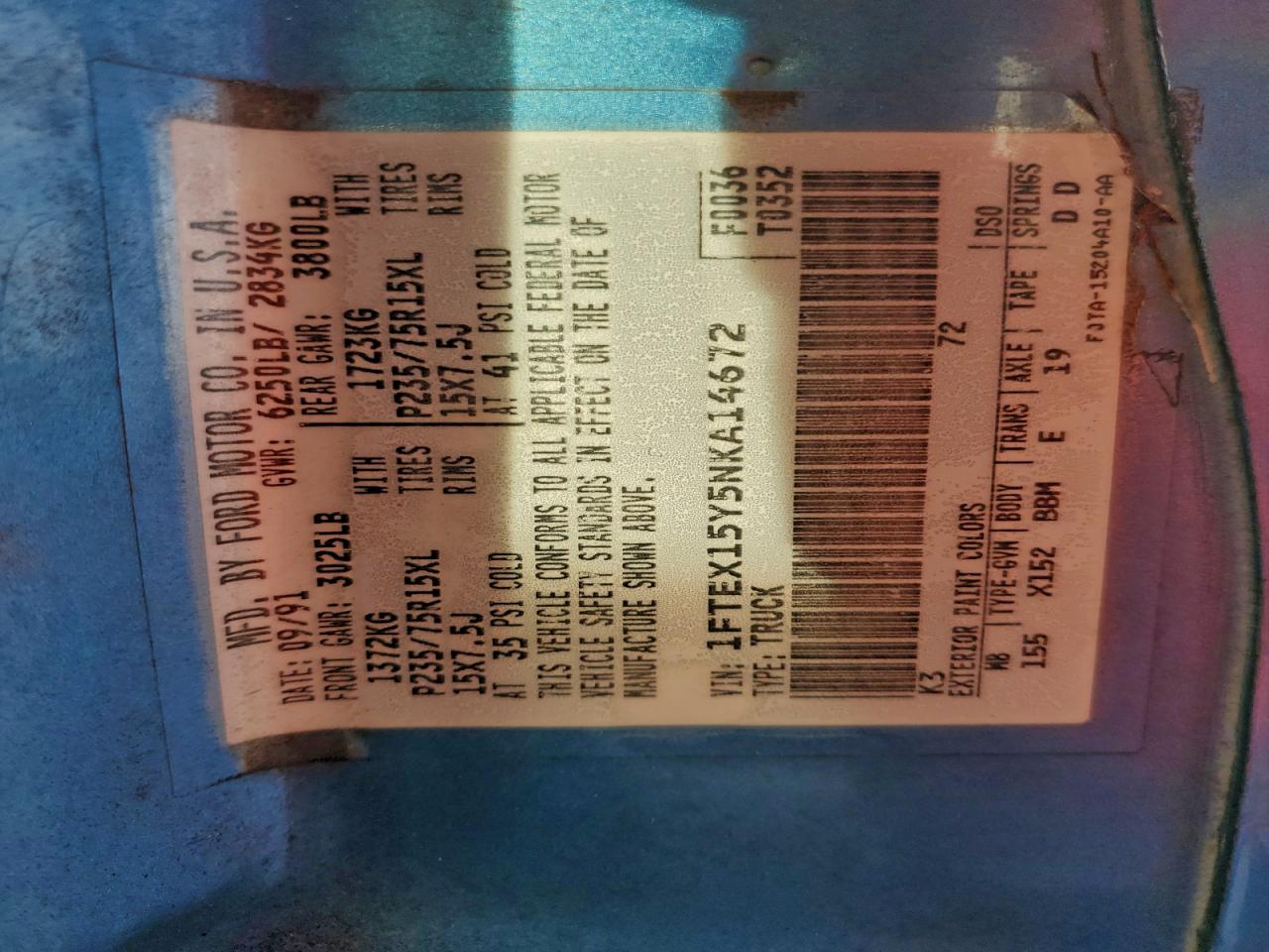 1992 Ford F150 VIN: 1FTEX15Y5NKA14672 Lot: 94912015