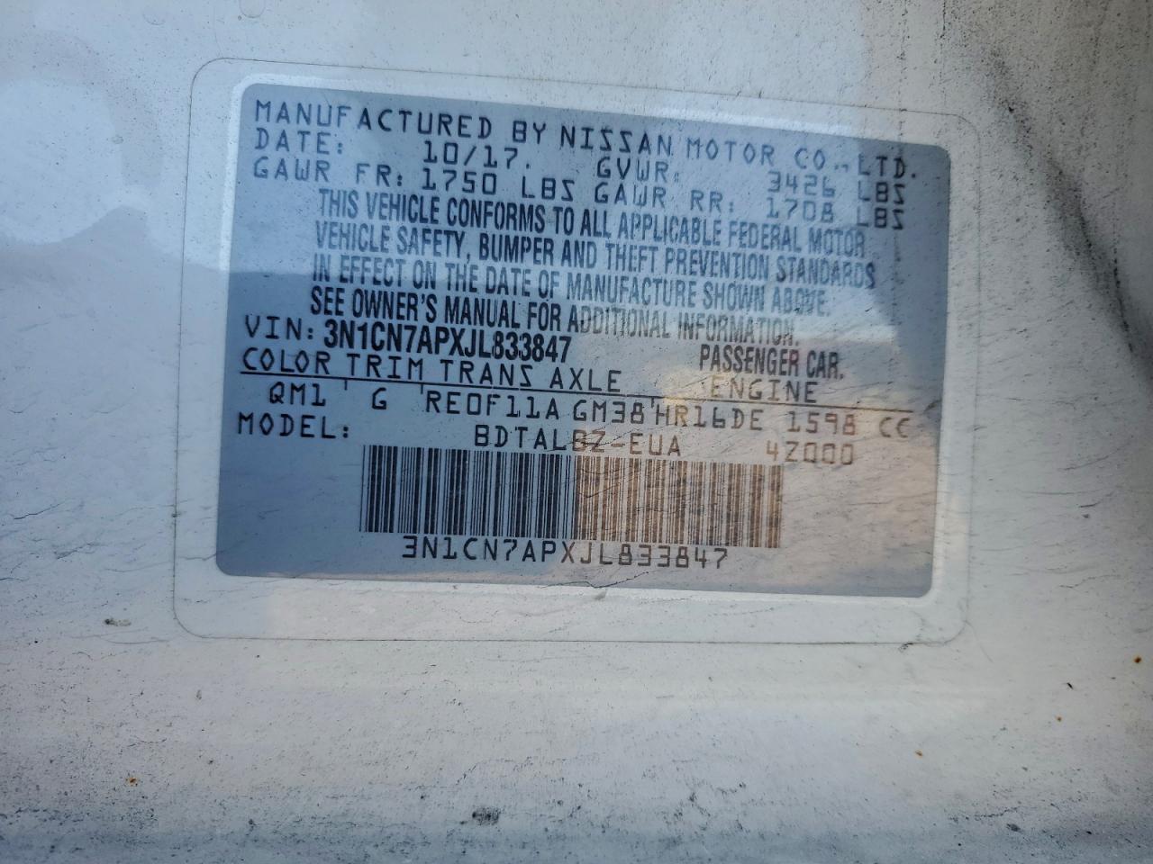 2018 Nissan Versa S VIN: 3N1CN7APXJL833847 Lot: 95676525