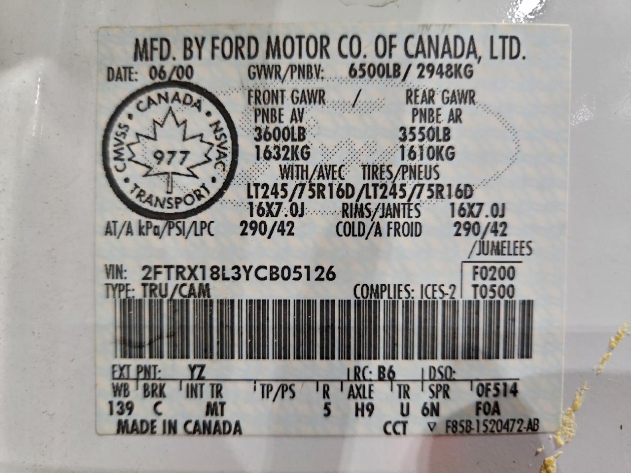 2000 Ford F150 VIN: 2FTRX18L3YCB05126 Lot: 95019145