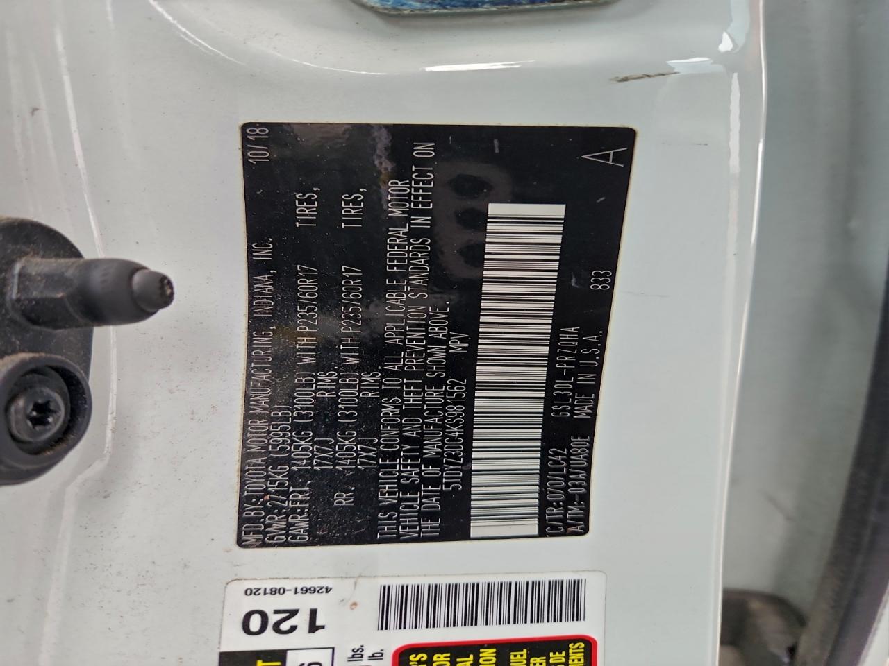 2019 Toyota Sienna Xle VIN: 5TDYZ3DC4KS981562 Lot: 95432565