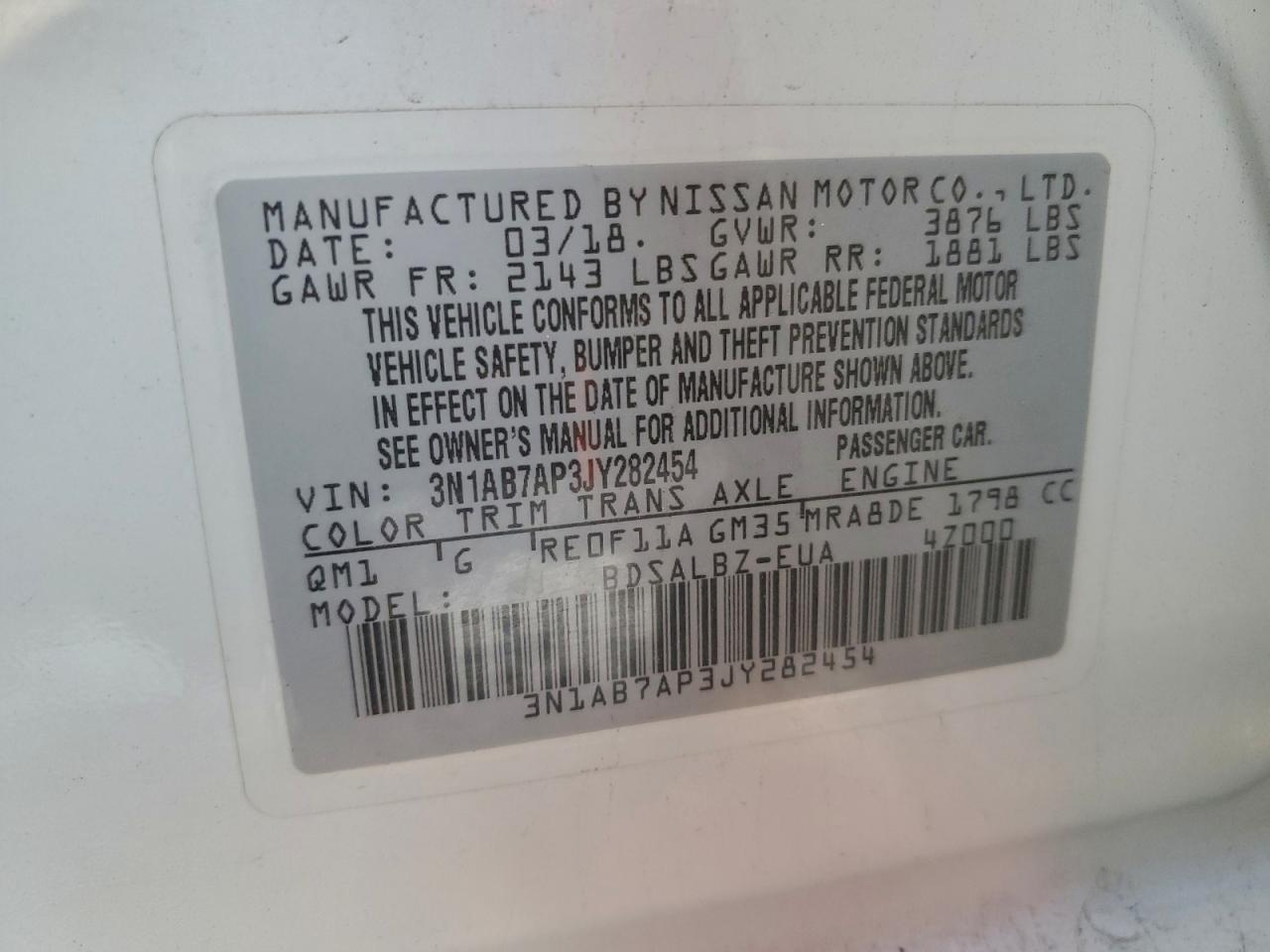 2018 Nissan Sentra S VIN: 3N1AB7AP3JY282454 Lot: 93995125