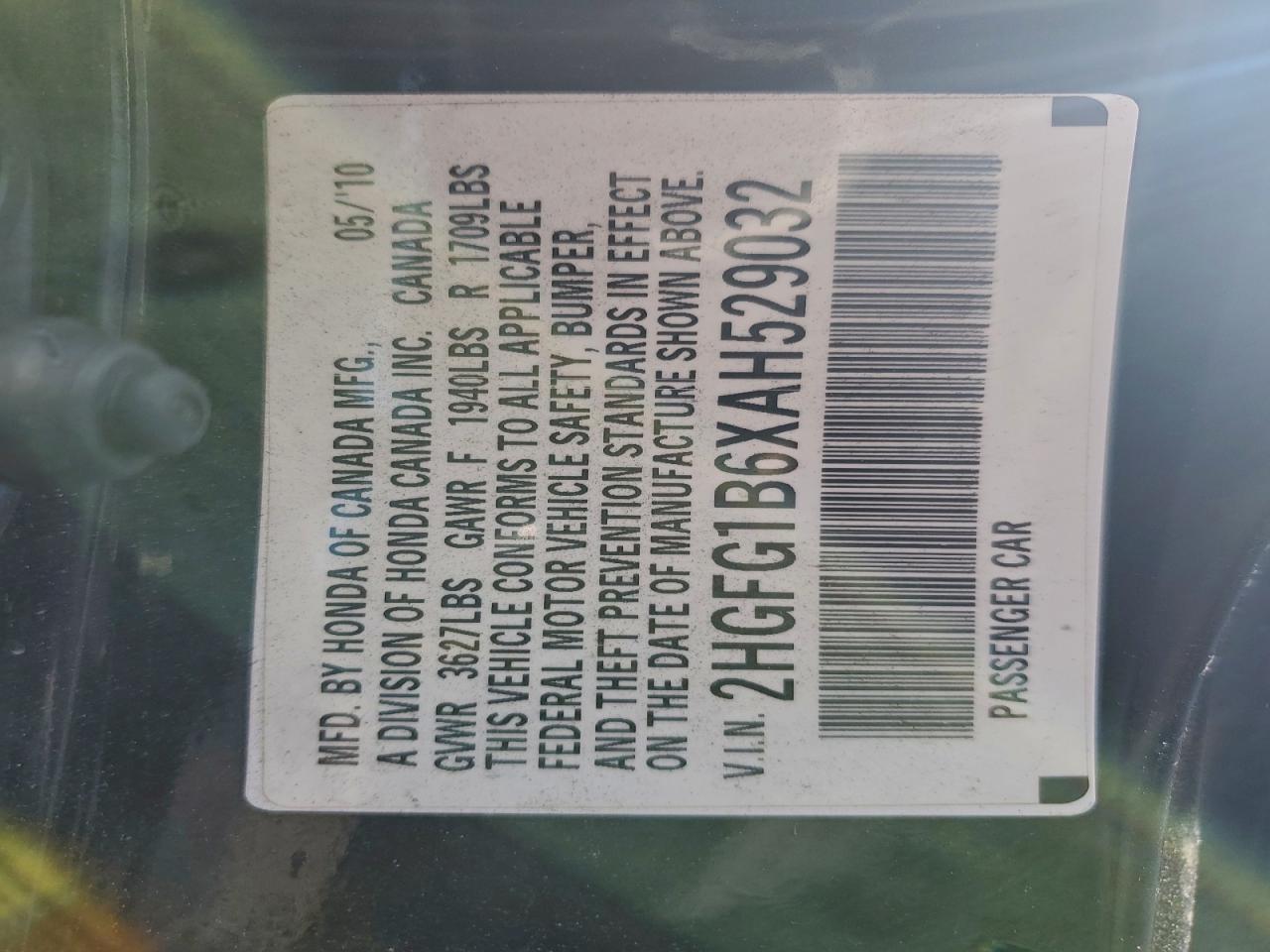 2010 Honda Civic Lx VIN: 2HGFG1B6XAH529032 Lot: 96919425