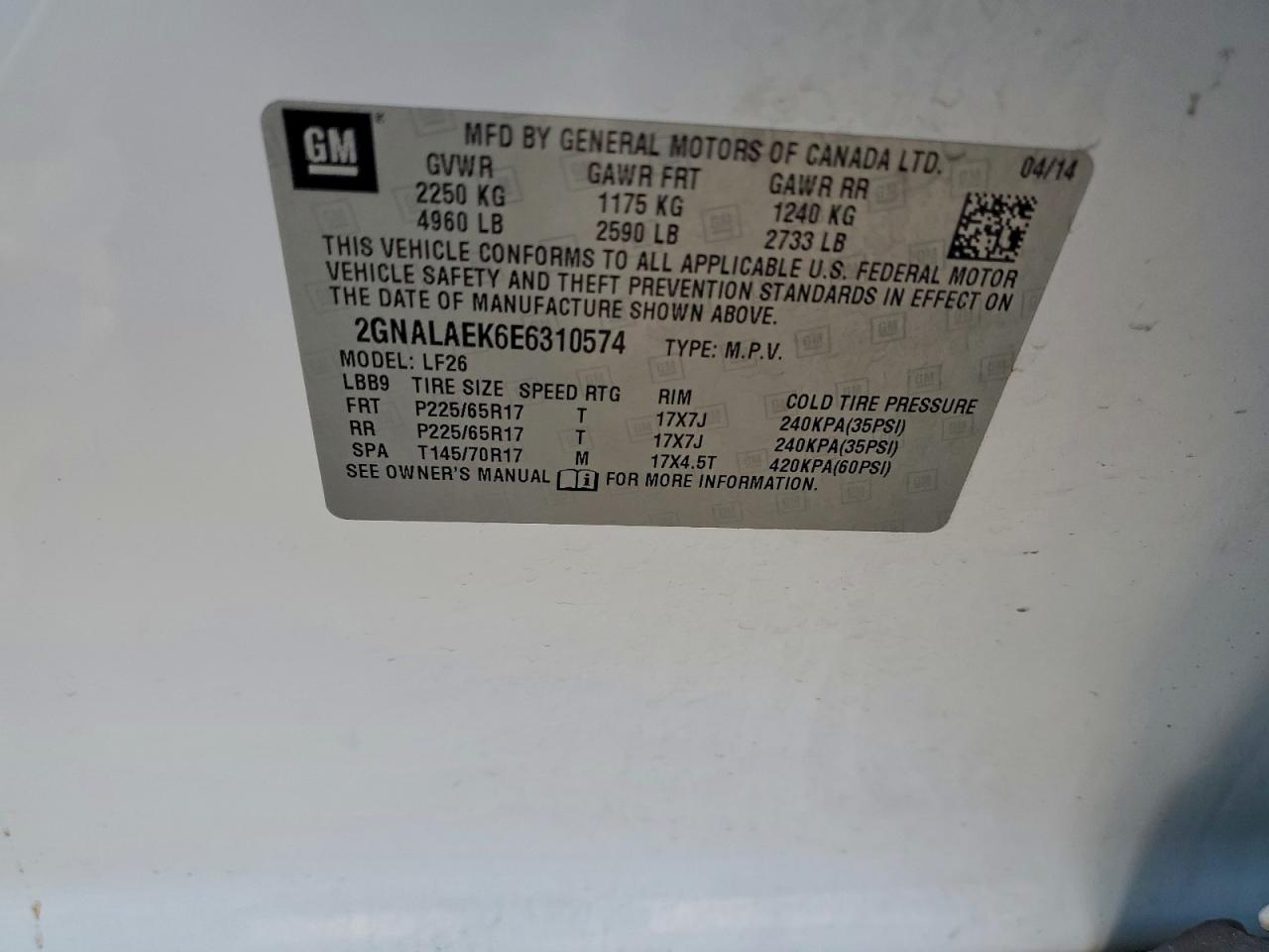 2014 Chevrolet Equinox Ls VIN: 2GNALAEK6E6310574 Lot: 96261485