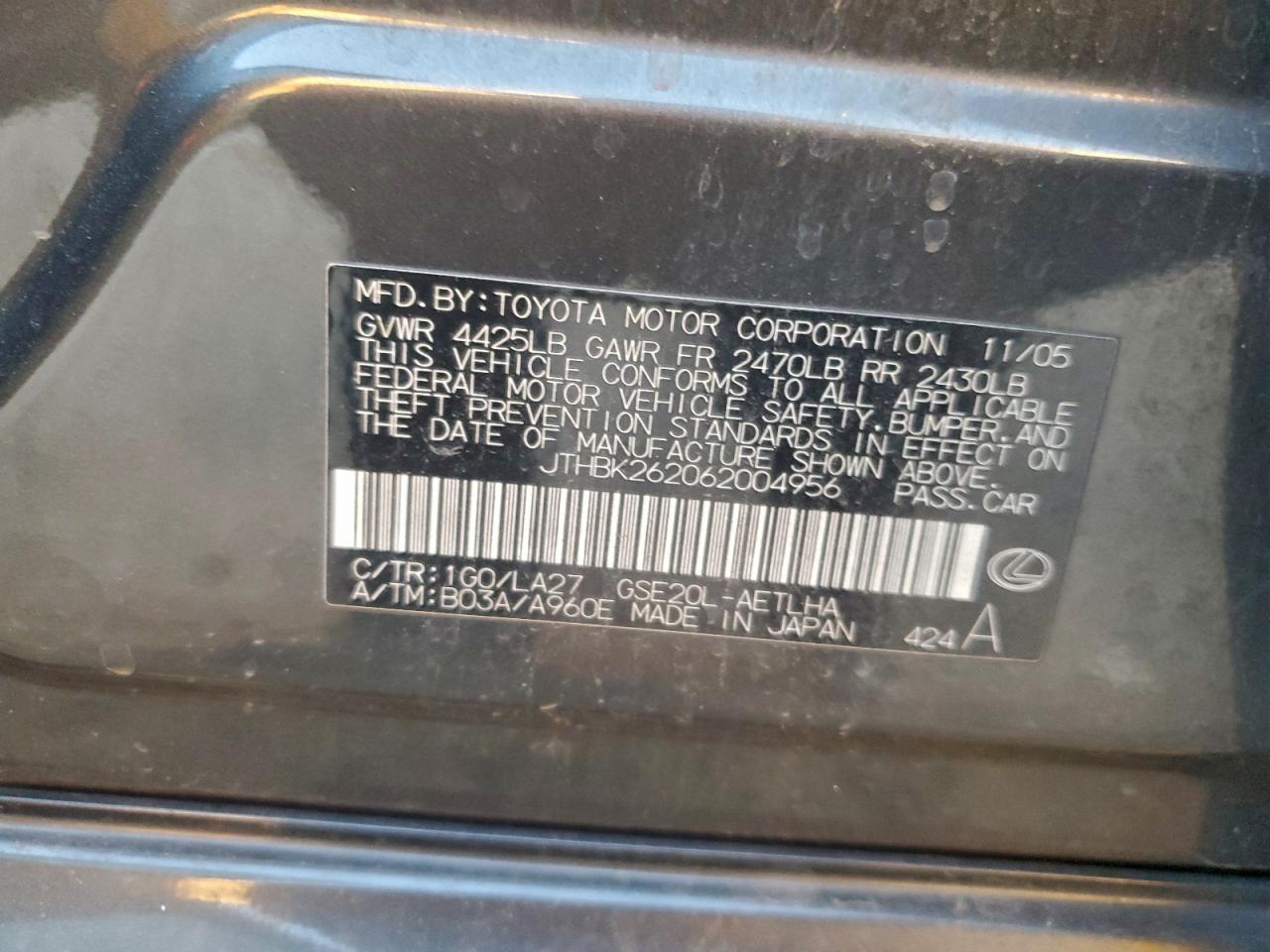 2006 Lexus Is 250 VIN: JTHBK262062004956 Lot: 96110635