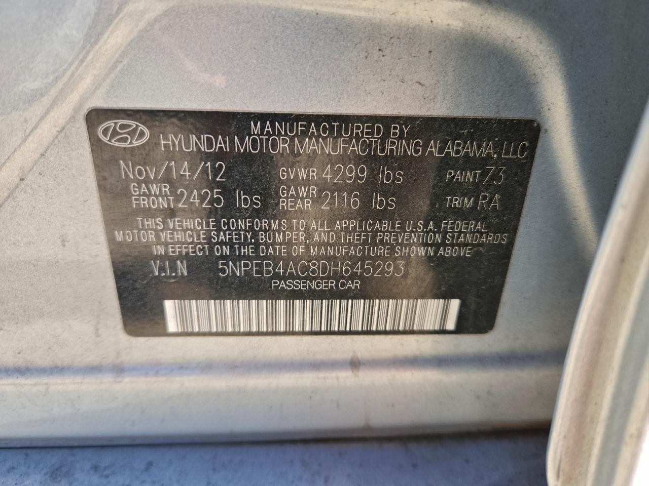 2013 Hyundai Sonata Gls VIN: 5NPEB4AC8DH645293 Lot: 95901865