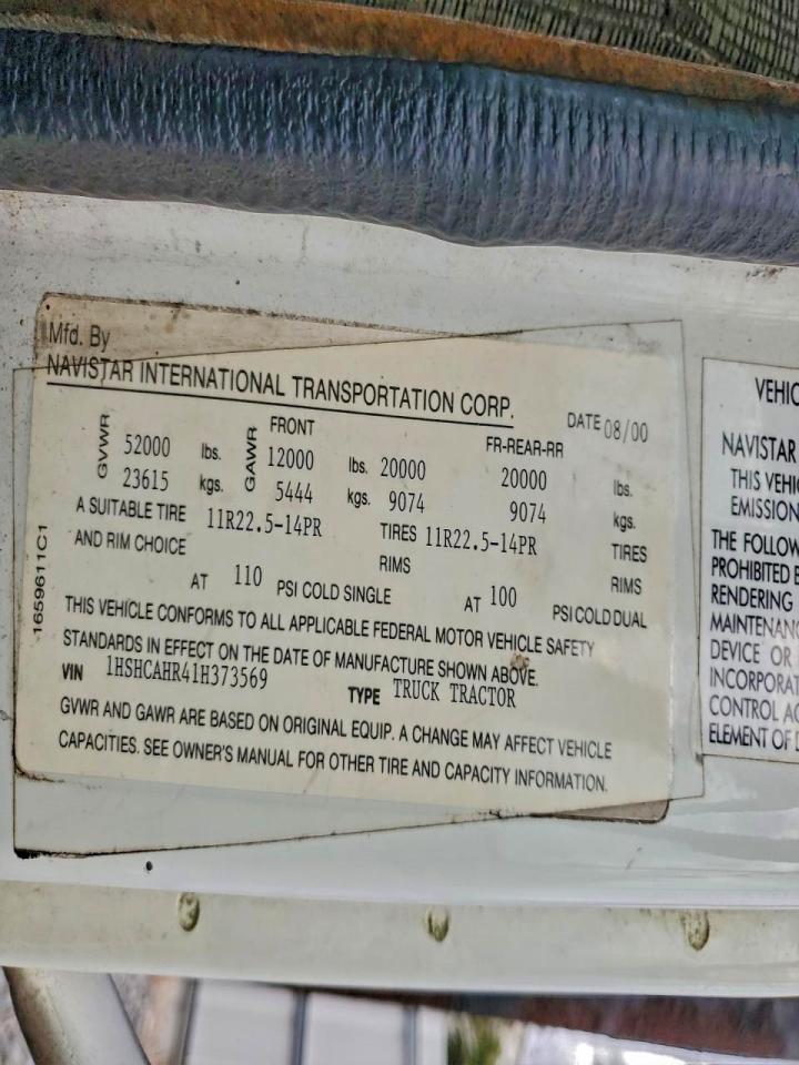 2001 International 8100 Dump Truck VIN: 1HSHCAHR41H373569 Lot: 94295675