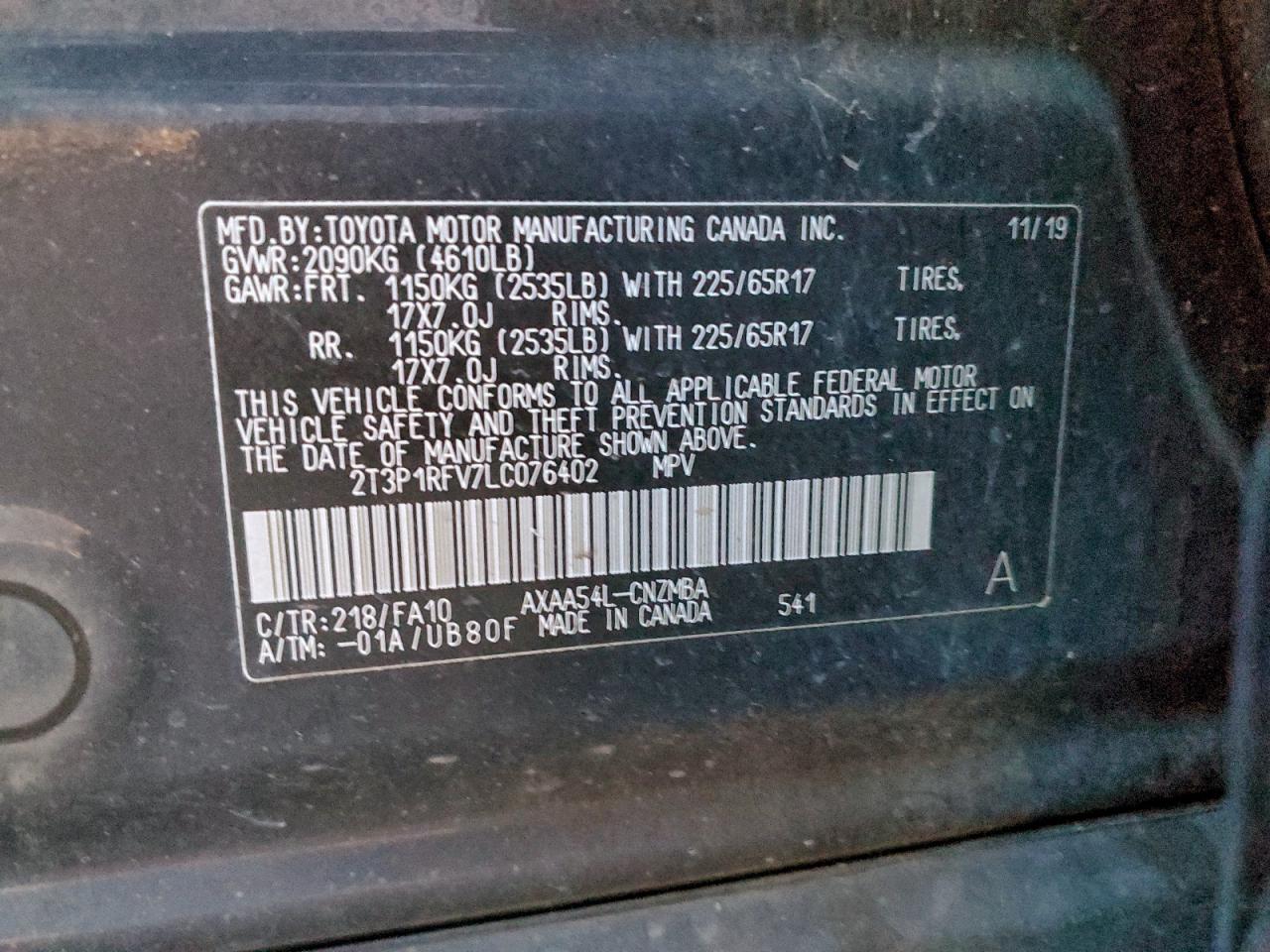 2020 Toyota Rav4 Xle VIN: 2T3P1RFV7LC076402 Lot: 96293135