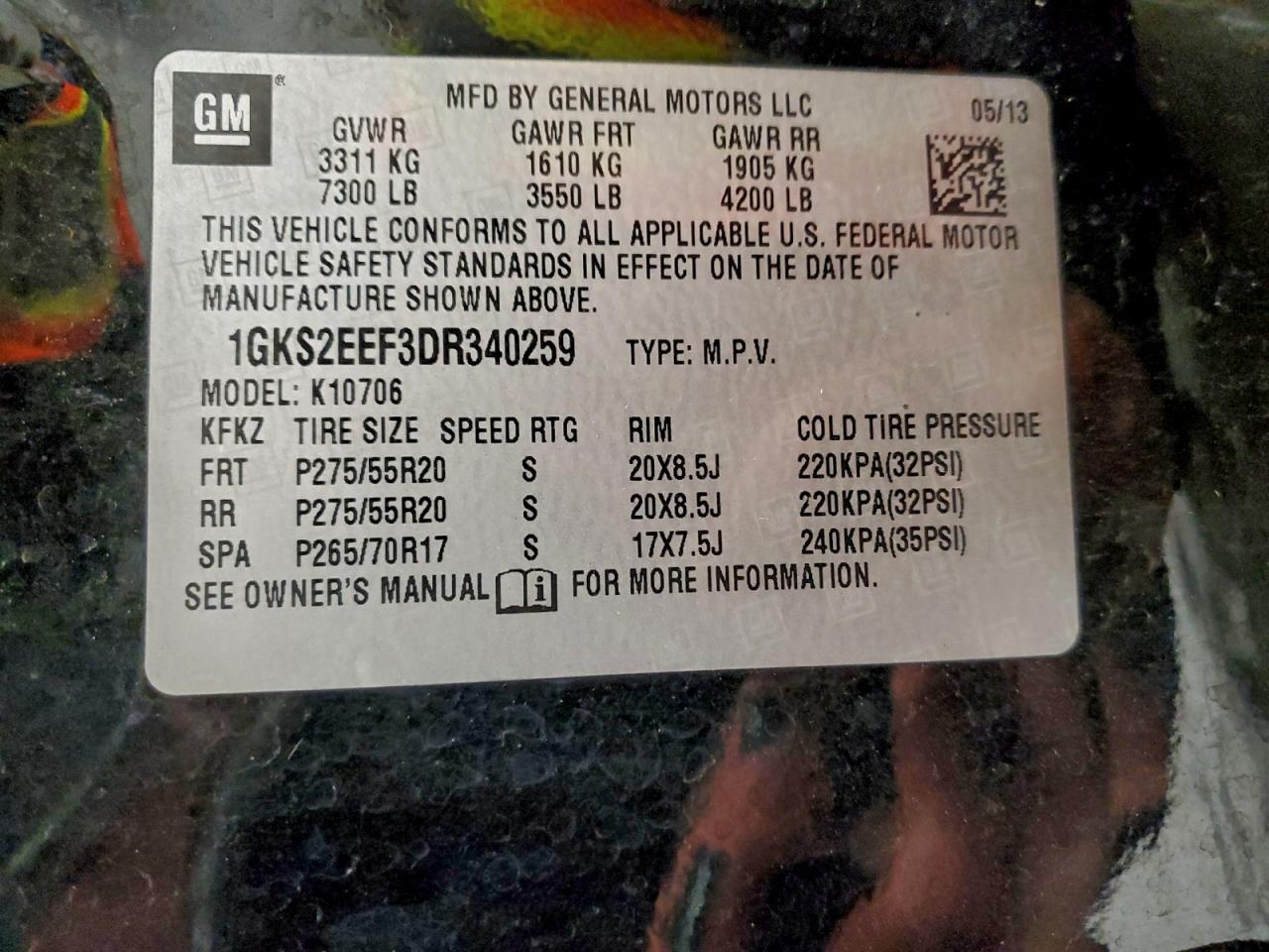 2013 GMC Yukon Denali VIN: 1GKS2EEF3DR340259 Lot: 95653685