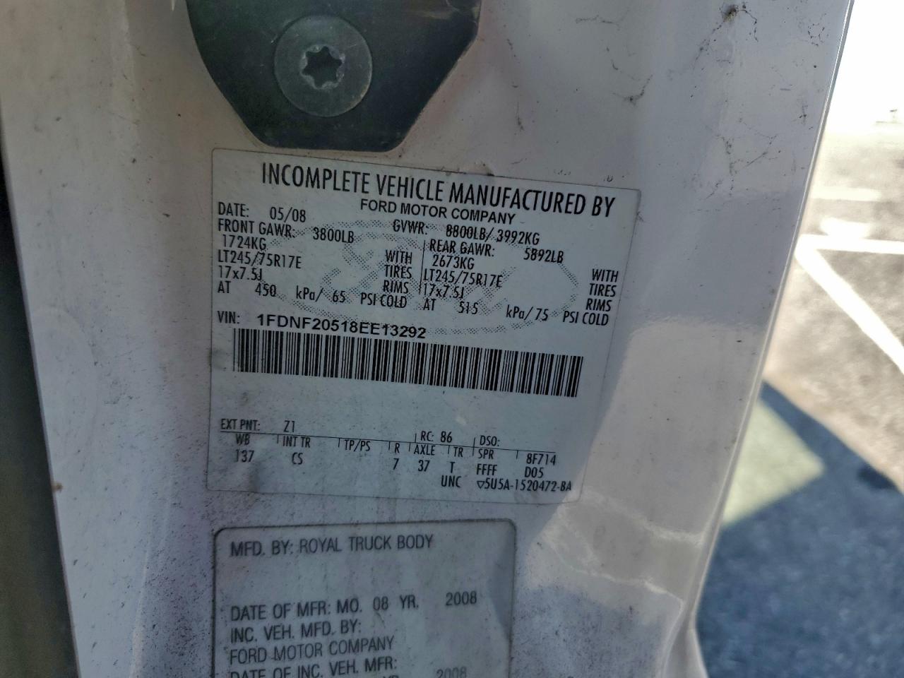2008 Ford F250 Super Duty VIN: 1FDNF20518EE13292 Lot: 93776795
