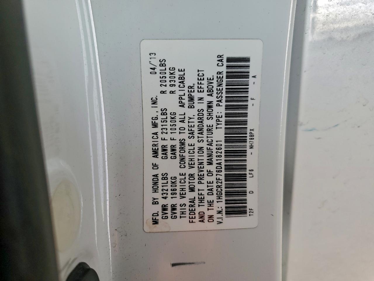 2013 Honda Accord Ex VIN: 1HGCR2F76DA182601 Lot: 94974265