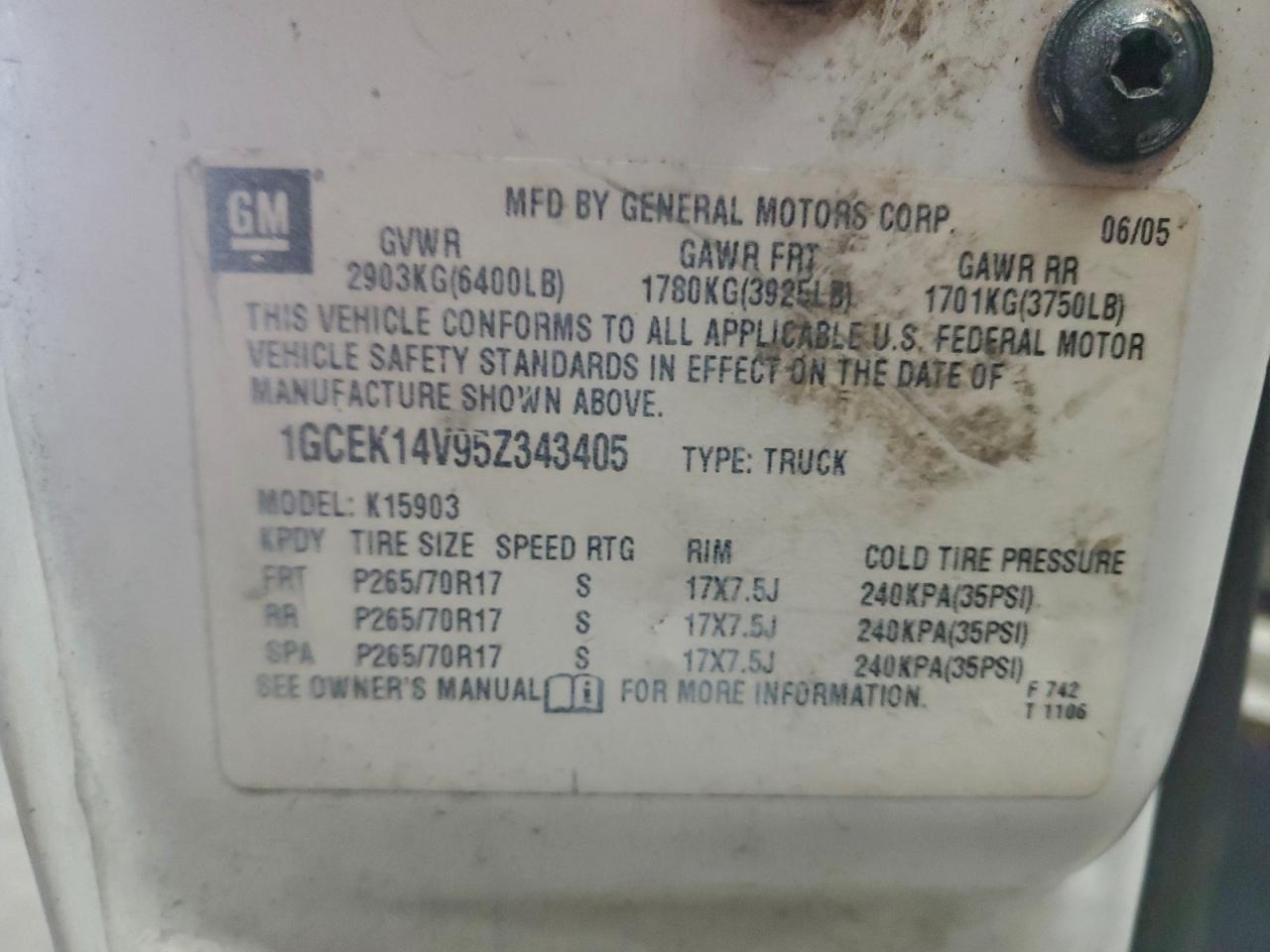 2005 Chevrolet Silverado K1500 VIN: 1GCEK14V95Z343405 Lot: 95689055