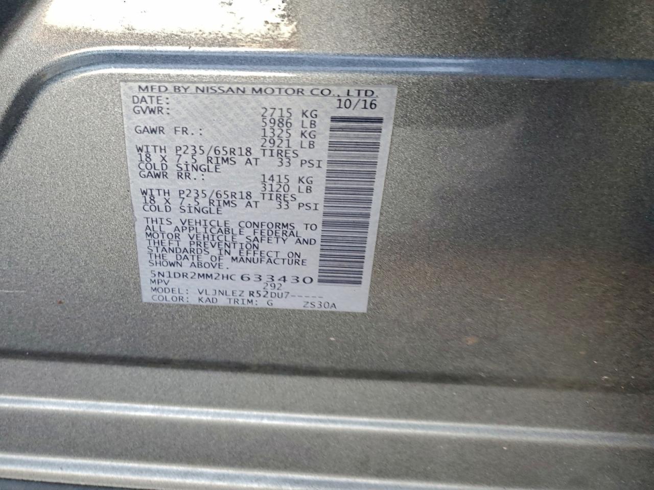 2017 Nissan Pathfinder S VIN: 5N1DR2MM2HC633430 Lot: 96353255