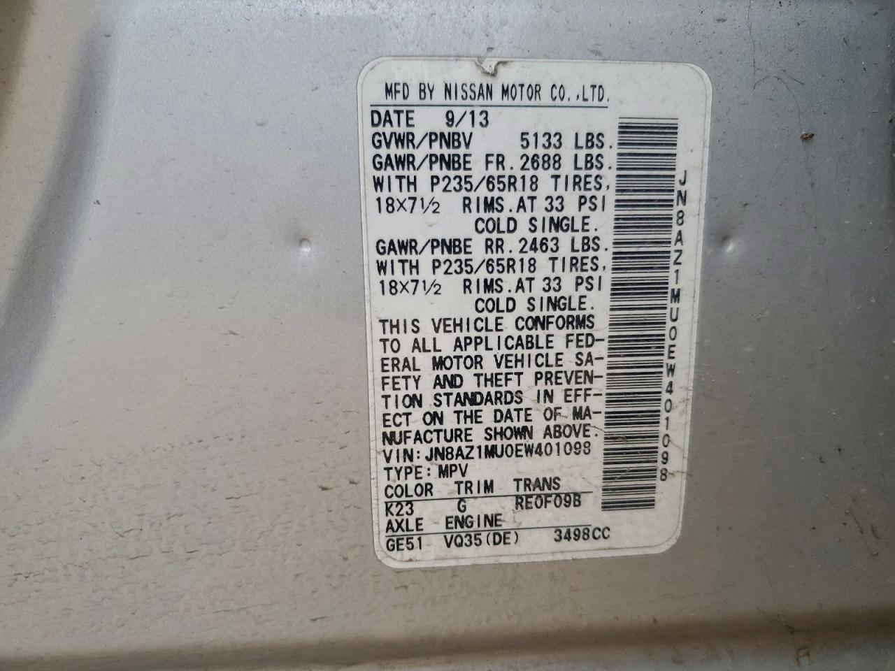 2014 Nissan Murano S VIN: JN8AZ1MU0EW401098 Lot: 93265325