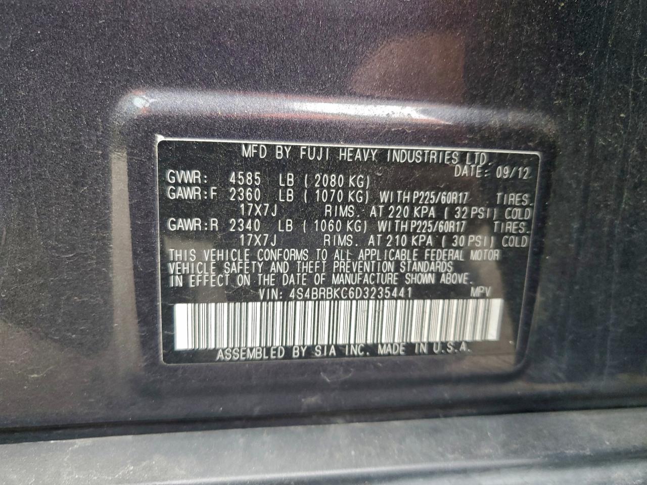 2013 Subaru Outback 2.5I Limited VIN: 4S4BRBKC6D3235441 Lot: 96176765