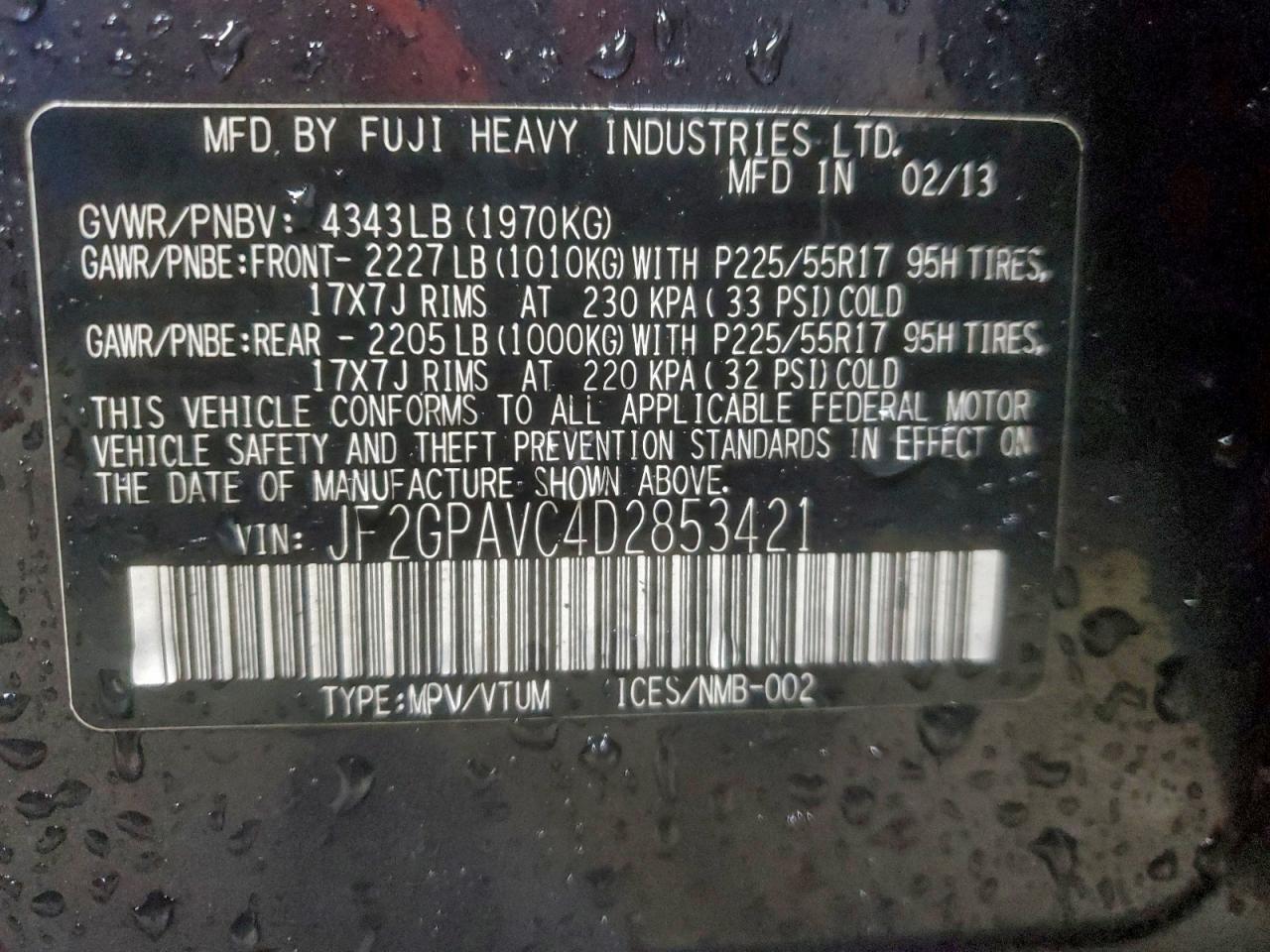 2013 Subaru Xv Crosstrek 2.0 Premium VIN: JF2GPAVC4D2853421 Lot: 94765335