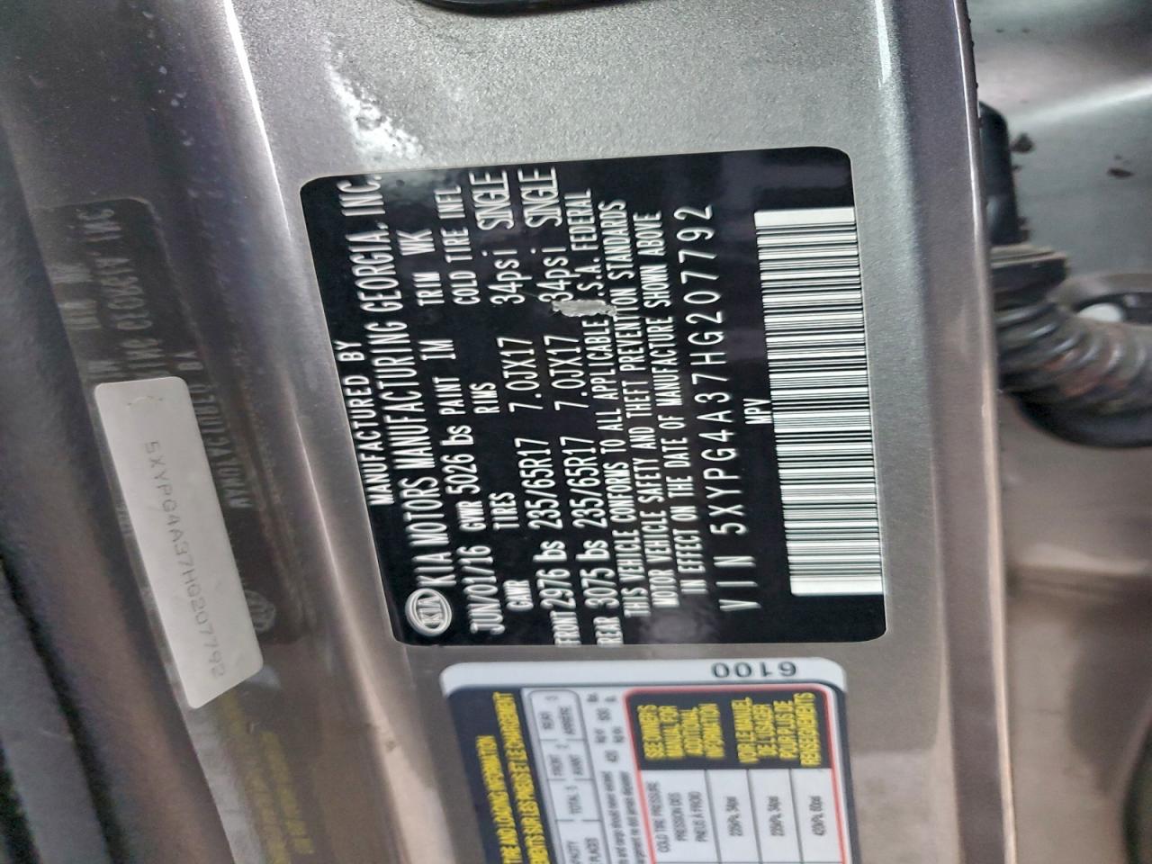 2017 Kia Sorento Lx VIN: 5XYPG4A37HG207792 Lot: 95360145