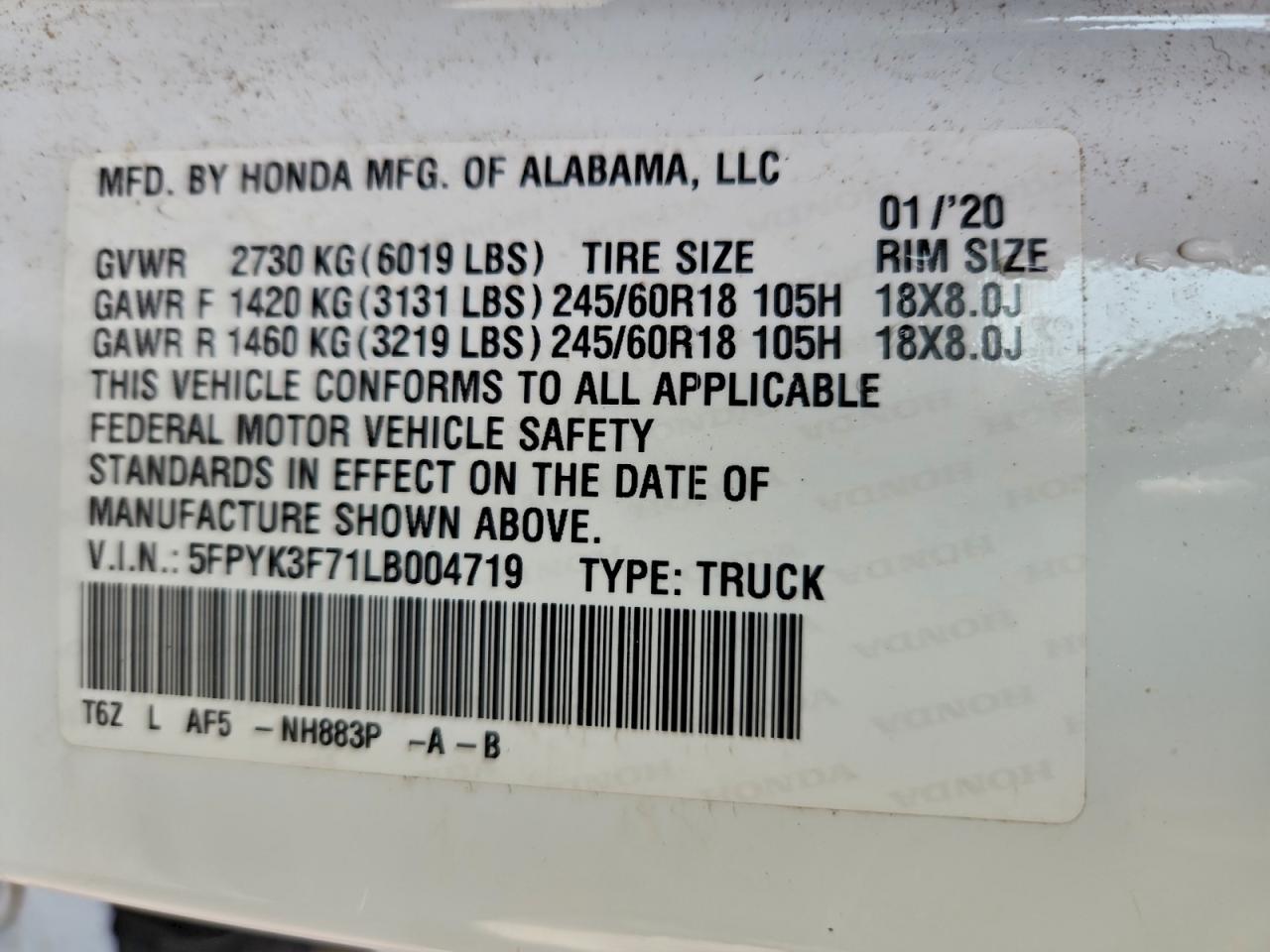 2020 Honda Ridgeline Rtl VIN: 5FPYK3F71LB004719 Lot: 95400795
