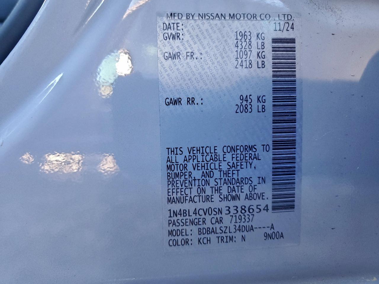 2025 Nissan Altima Sr VIN: 1N4BL4CV0SN338654 Lot: 95146445