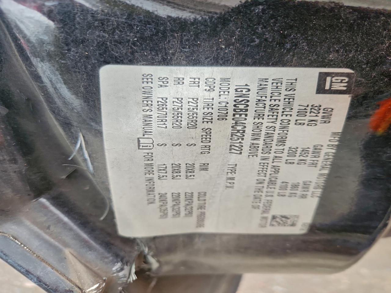 2012 Chevrolet Tahoe C1500 Lt VIN: 1GNSCBE04CR251227 Lot: 94870105