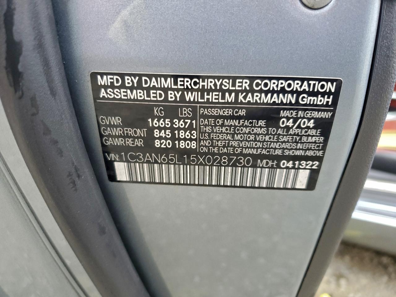 2005 Chrysler Crossfire Limited VIN: 1C3AN65L15X028730 Lot: 92765935