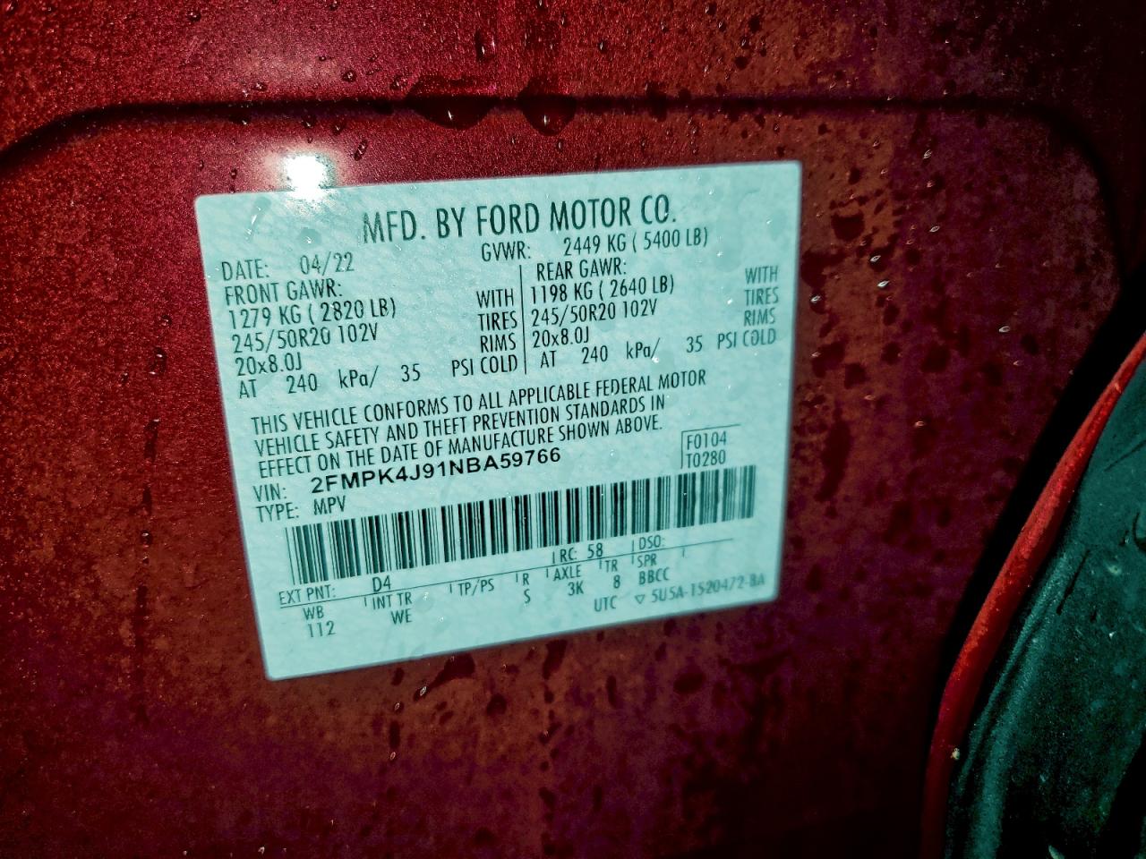 2022 Ford Edge Sel VIN: 2FMPK4J91NBA59766 Lot: 95493855