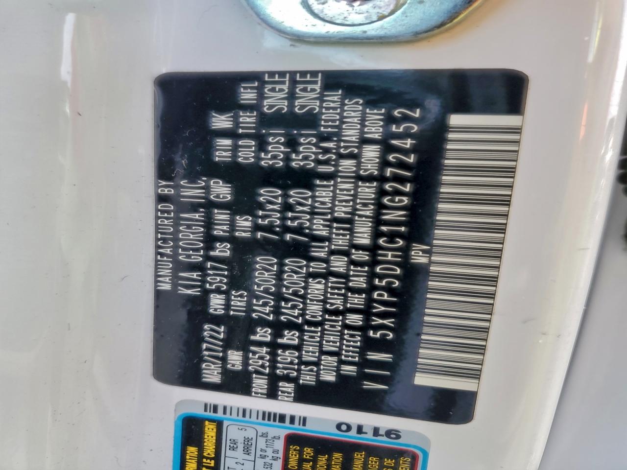 2022 Kia Telluride Sx VIN: 5XYP5DHC1NG272452 Lot: 96786205