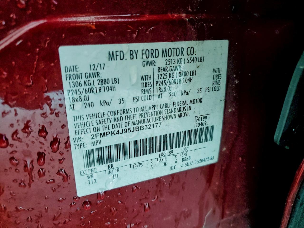 2018 Ford Edge Sel VIN: 2FMPK4J95JBB32177 Lot: 97786825