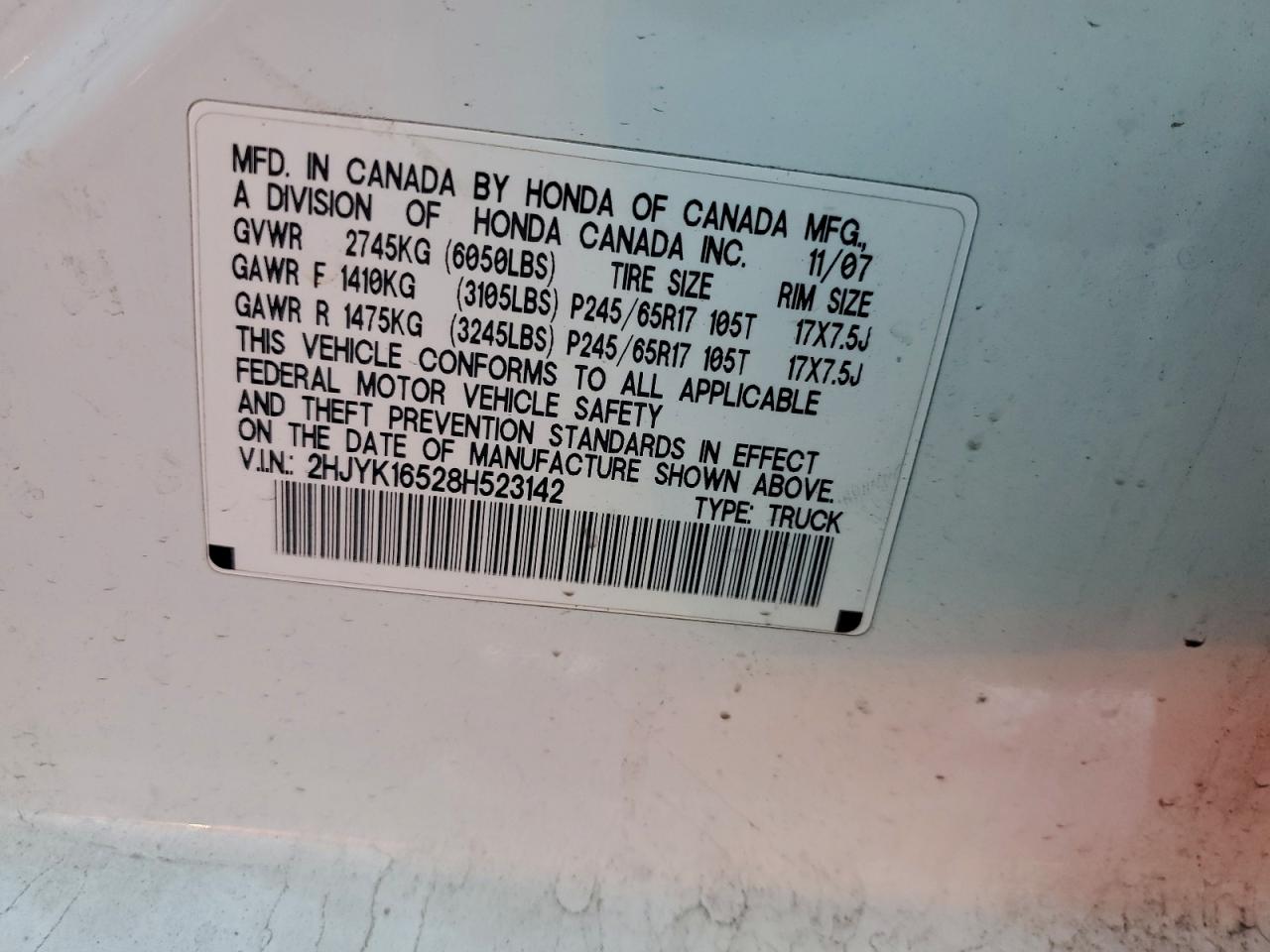 2008 Honda Ridgeline Rtl VIN: 2HJYK16528H523142 Lot: 94944305