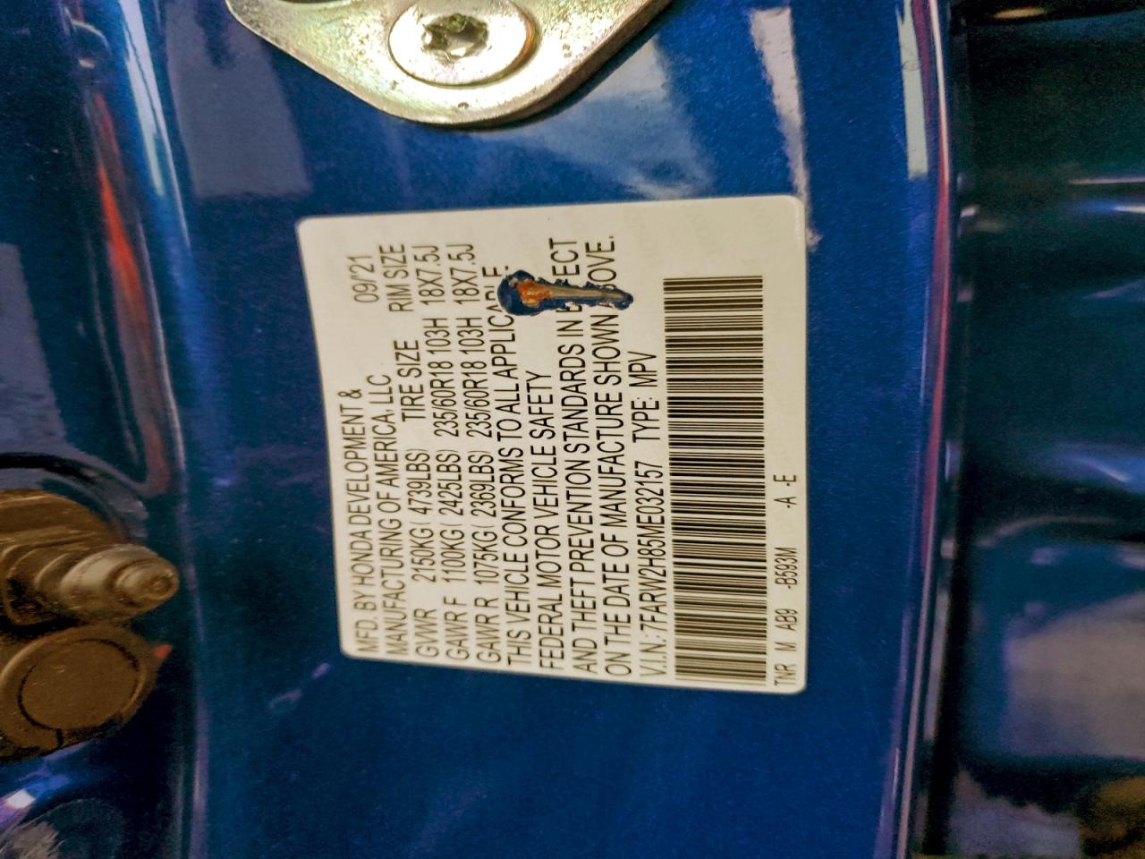 2021 Honda Cr-V Exl VIN: 7FARW2H85ME032157 Lot: 93875595