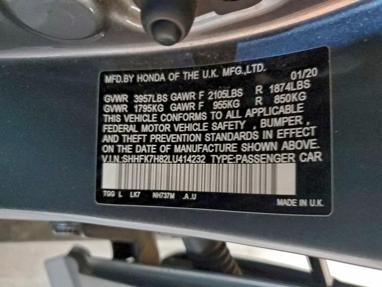 2020 Honda Civic Exl VIN: SHHFK7H82LU414232 Lot: 95652545